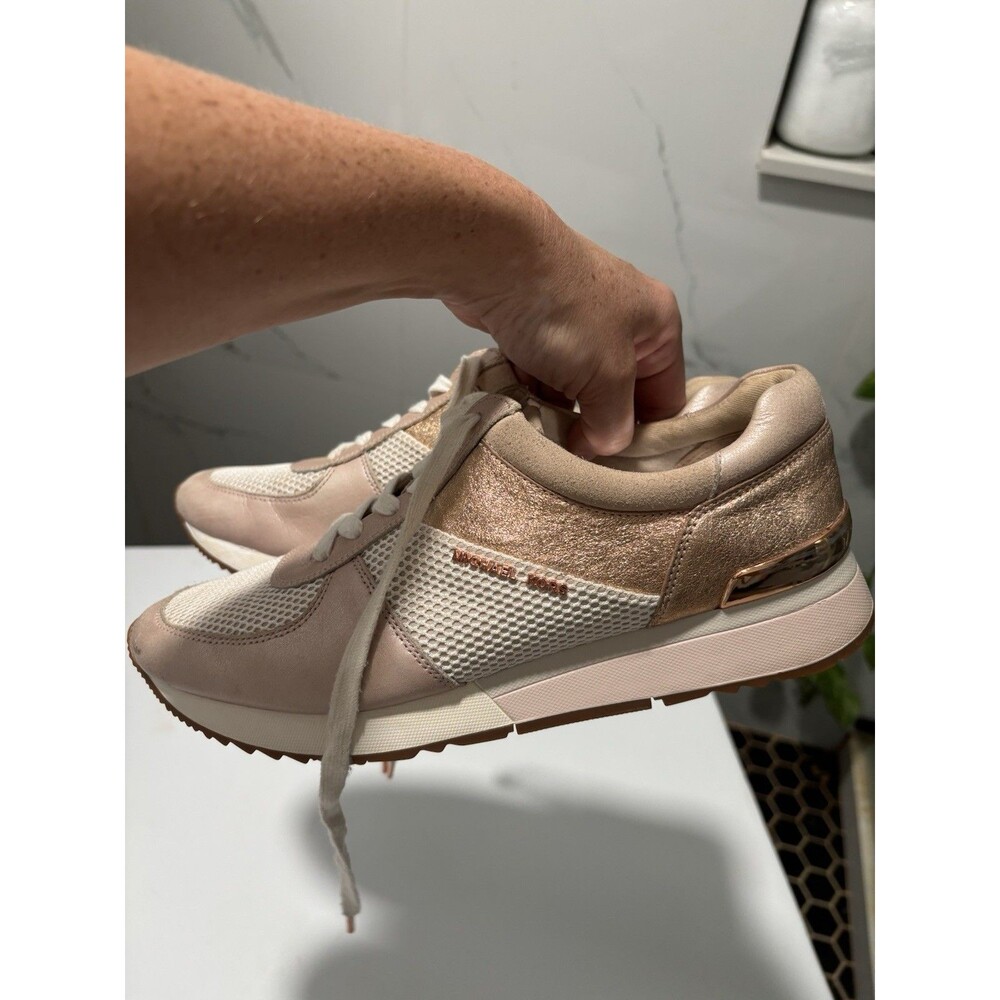 Michael Kors Womens Allie Trainer Leather Rose Gold Pink Sneaker Shoes 10 M